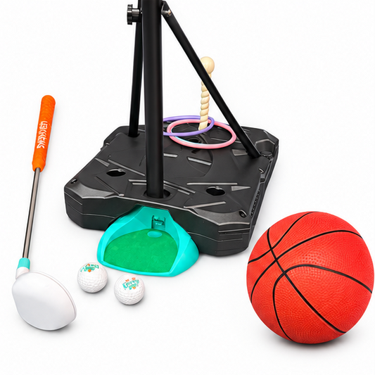3-in-1 Adjustable Sports Game Set β Basketball, Mini Golf & Ring Toss with Digital Scoreboard