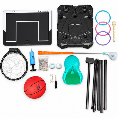 3-in-1 Adjustable Sports Game Set – Basketball, Mini Golf & Ring Toss with Digital Scoreboard