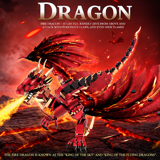 Fire Dragon Building Block Set – 675 Pieces, Large Fantasy Dragon Model