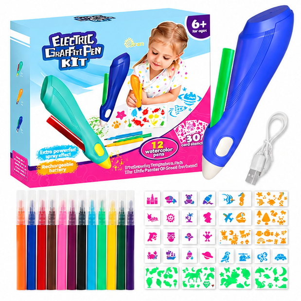 Electric Spray Art Pen Kit – 12 Colors & 30 Stencils
