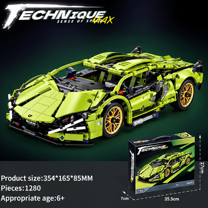Mechanical Sports Car Building Set – 1,280 Pieces, Lime Green Supercar