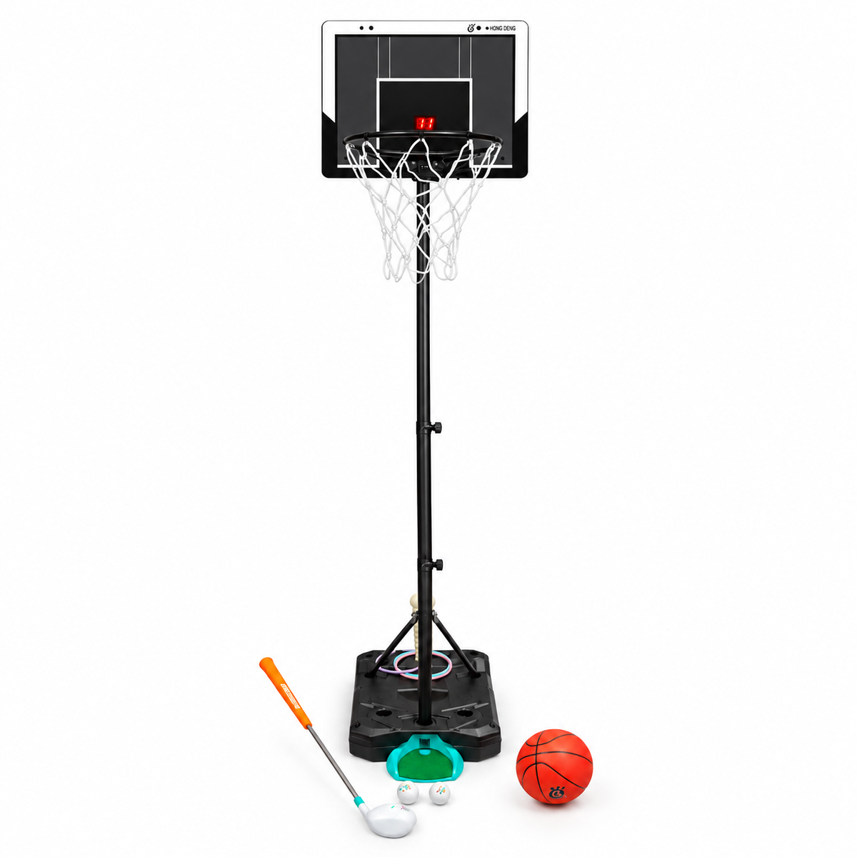 3-in-1 Adjustable Sports Game Set – Basketball, Mini Golf & Ring Toss with Digital Scoreboard